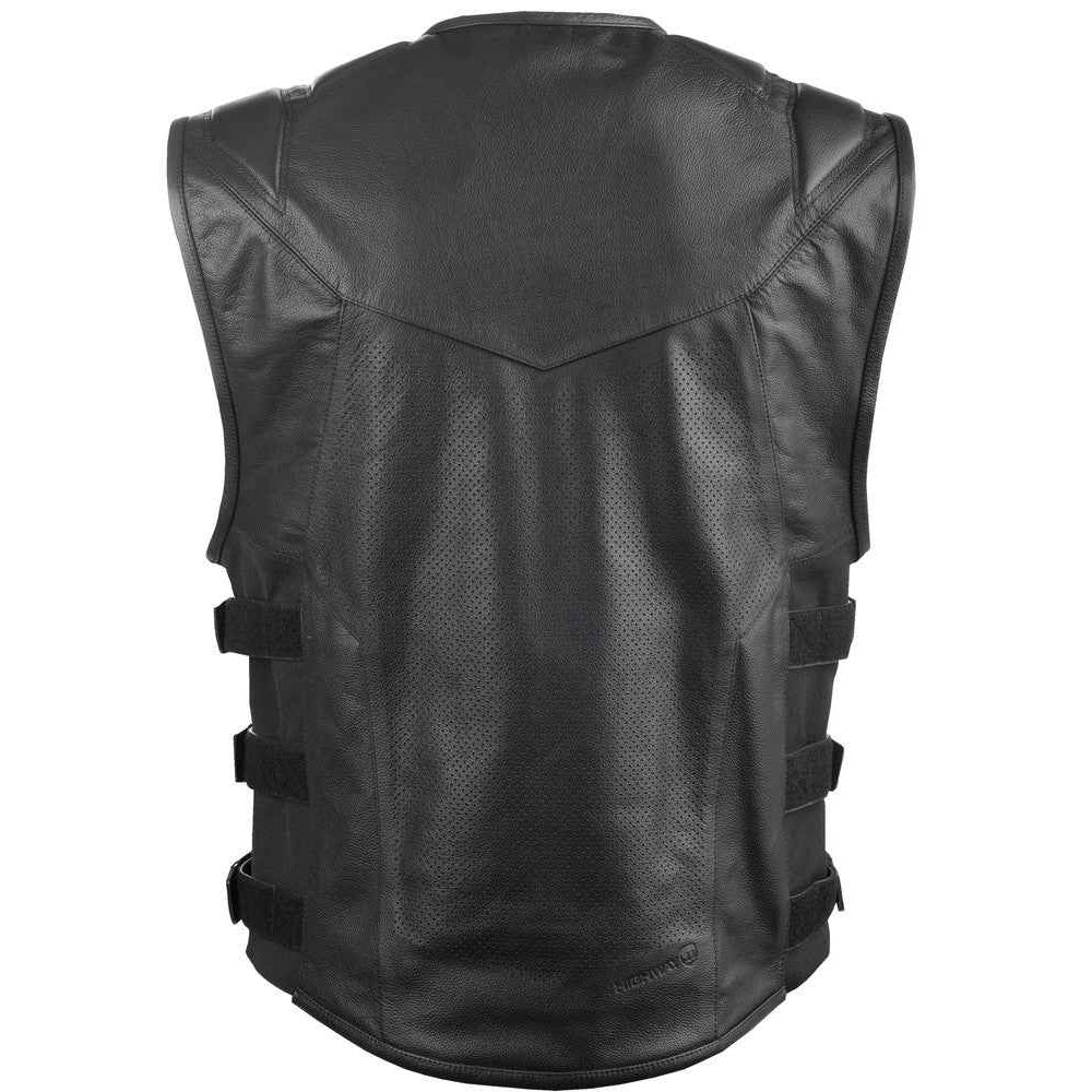 Black leather motorcycle vest shown from the back, featuring a textured finish, shoulder padding, and side hook-and-loop strap closures, set against a plain white background.