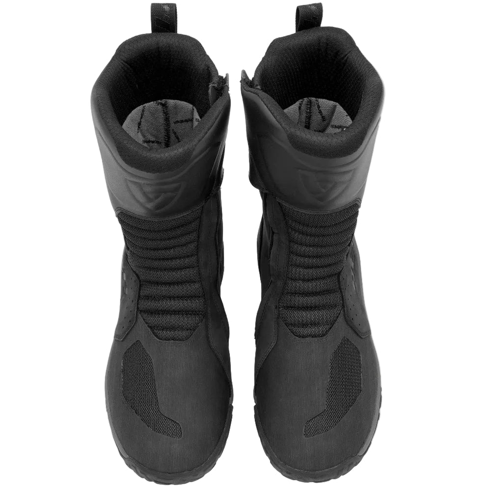 A pair of black mid-calf tactical boots shown from a top-down view against a light off-white background.