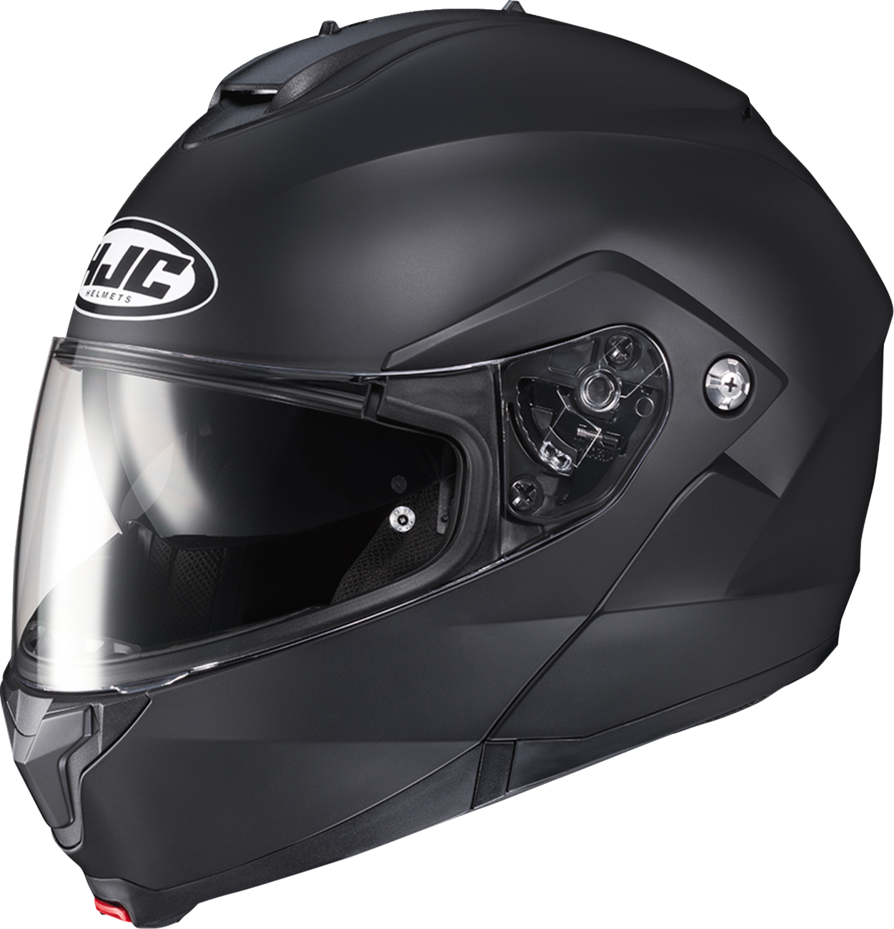 Black motorcycle helmet with HJC logo on a white background