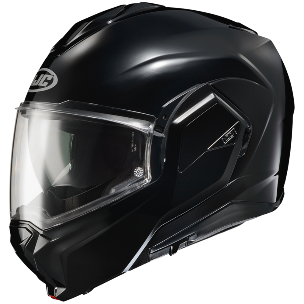 Black motorcycle helmet with clear visor on a white background