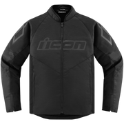 A black Icon motorcycle jacket with a full-length front zipper, a stand collar, and tonal gray geometric logo details on the chest and shoulders, shown against a plain white background.