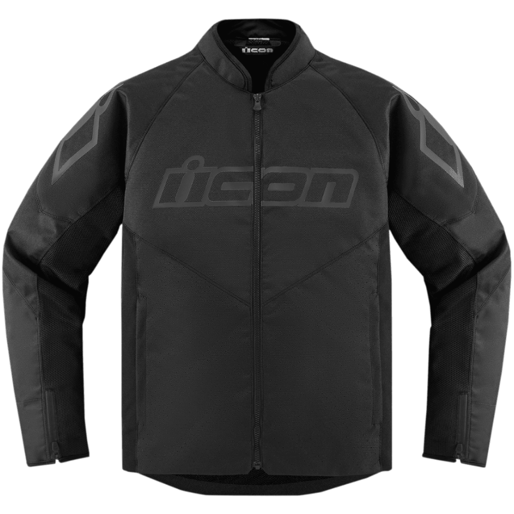 A black Icon motorcycle jacket with a full-length front zipper, a stand collar, and tonal gray geometric logo details on the chest and shoulders, shown against a plain white background.