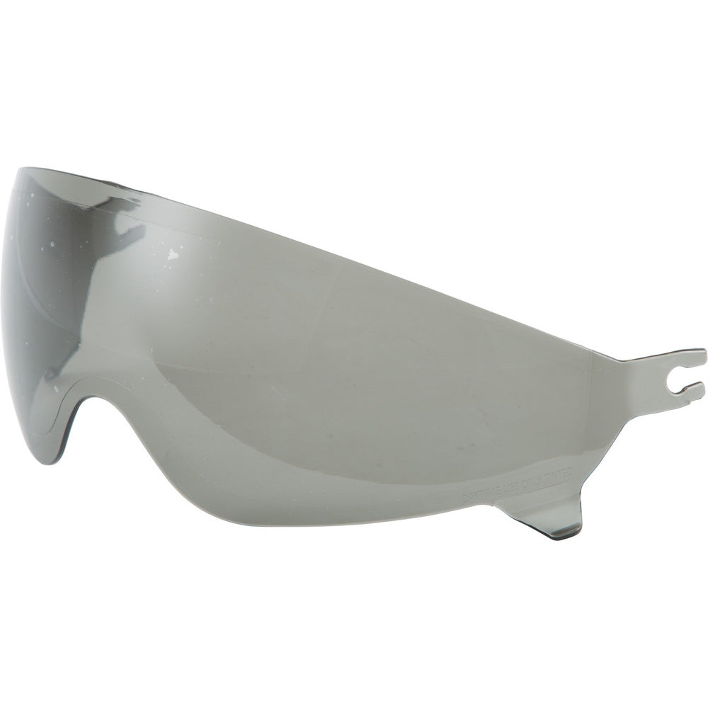 A large, curved motorcycle helmet visor lens with a reflective silver-gray finish, shown against a plain white background.