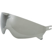 A large, curved motorcycle helmet visor lens with a reflective silver-gray finish, shown against a plain white background.