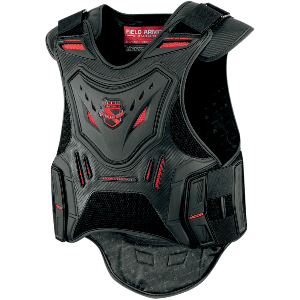 A black and red HECAR Field Armor protective chest guard with a carbon fiber pattern, shown on a solid white background.