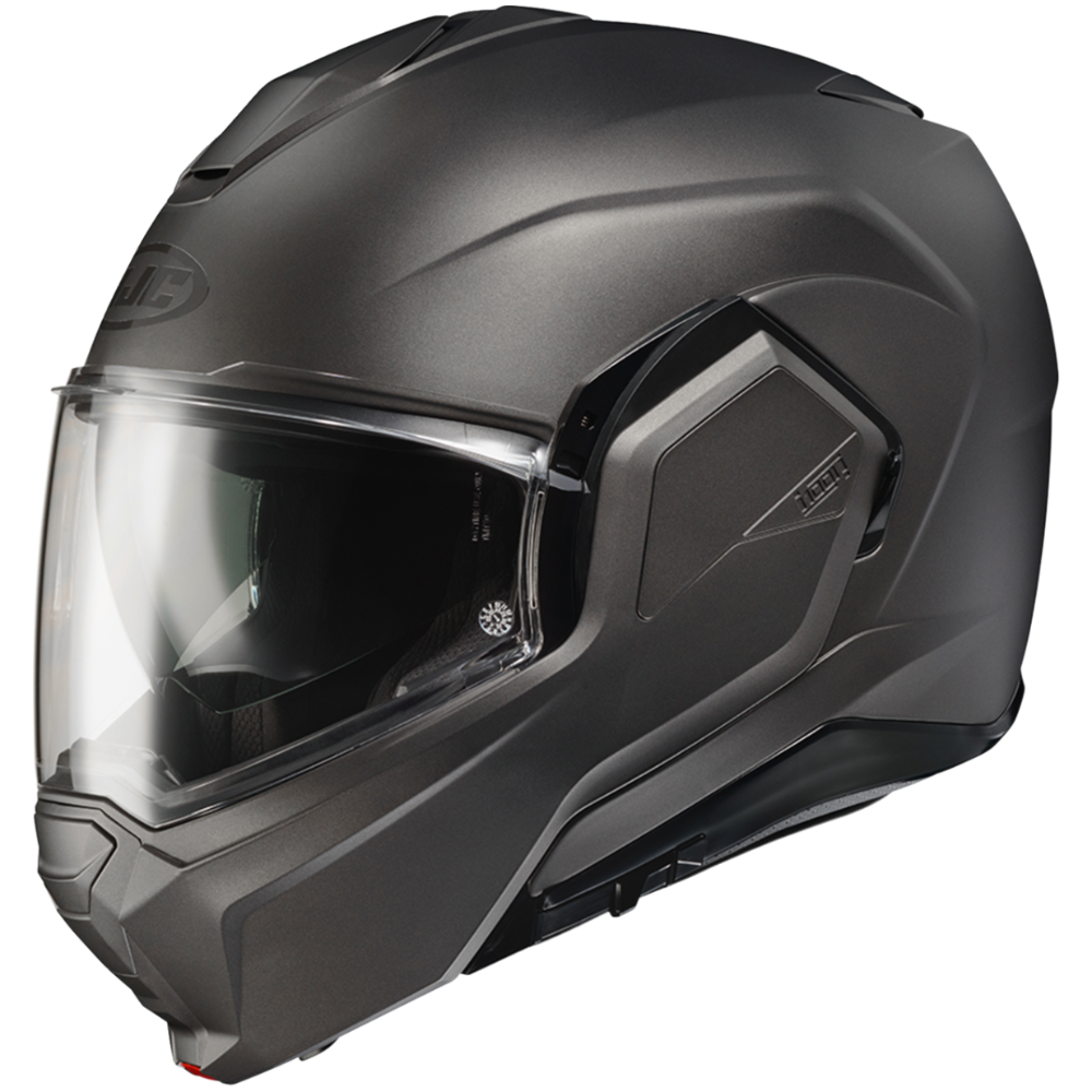 Gray motorcycle helmet with clear visor on a white background