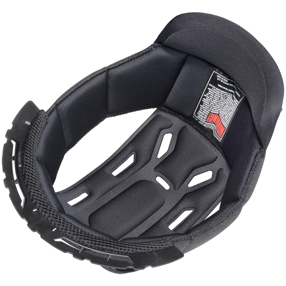 Black protective headgear padding insert with ventilation cutouts and a small red and white brand label, shown on a plain white background.