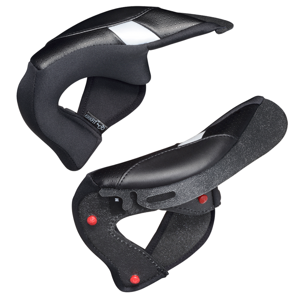 Two black motorcycle neck sliders with textured foam padding, a white reflective strip, and red adjustment screws, shown on a white background.