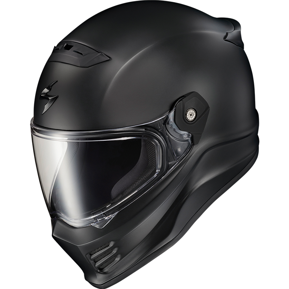 A matte black full-face motorcycle helmet with a clear visor, shown from a three-quarters angle against a plain white background.