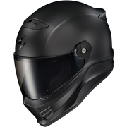 A matte black full-face motorcycle helmet with a dark visor, shown at a three-quarter angle on a plain white background.