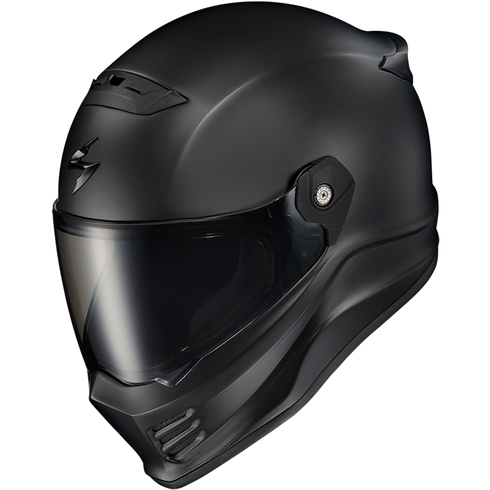 A matte black full-face motorcycle helmet with a dark visor, shown at a three-quarter angle on a plain white background.