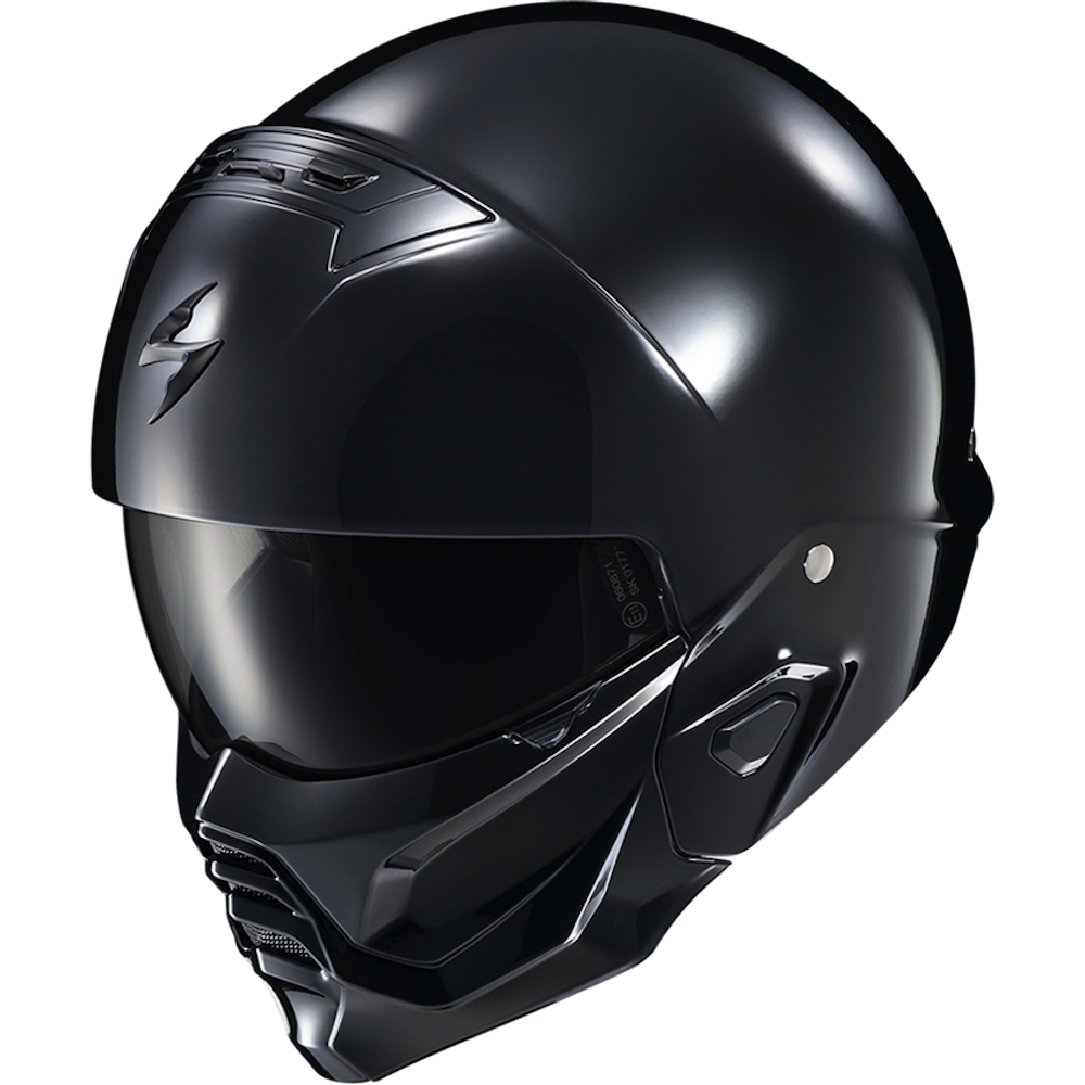 A glossy black full-face motorcycle helmet with a dark visor, shown at a three-quarter angle against a plain white background.