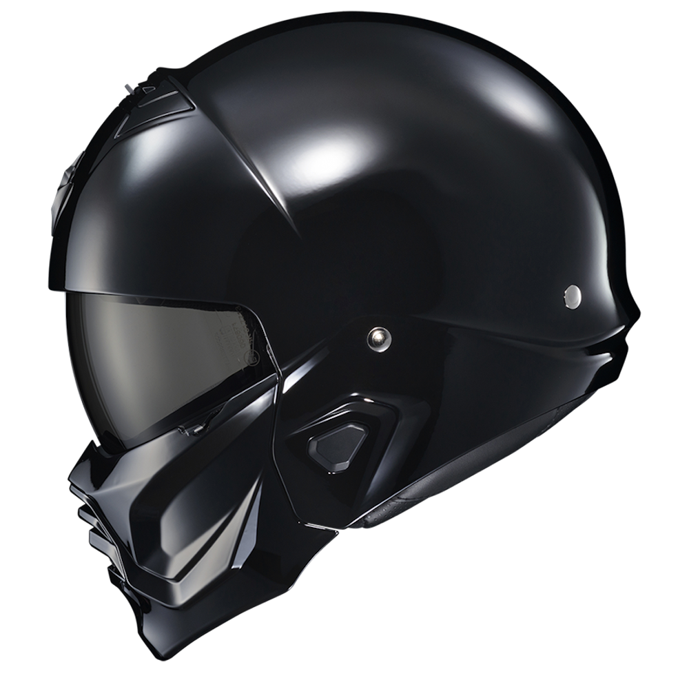 A glossy black full-face motorcycle helmet with an integrated visor and angular chin bar, shown in a side profile on a plain white background.