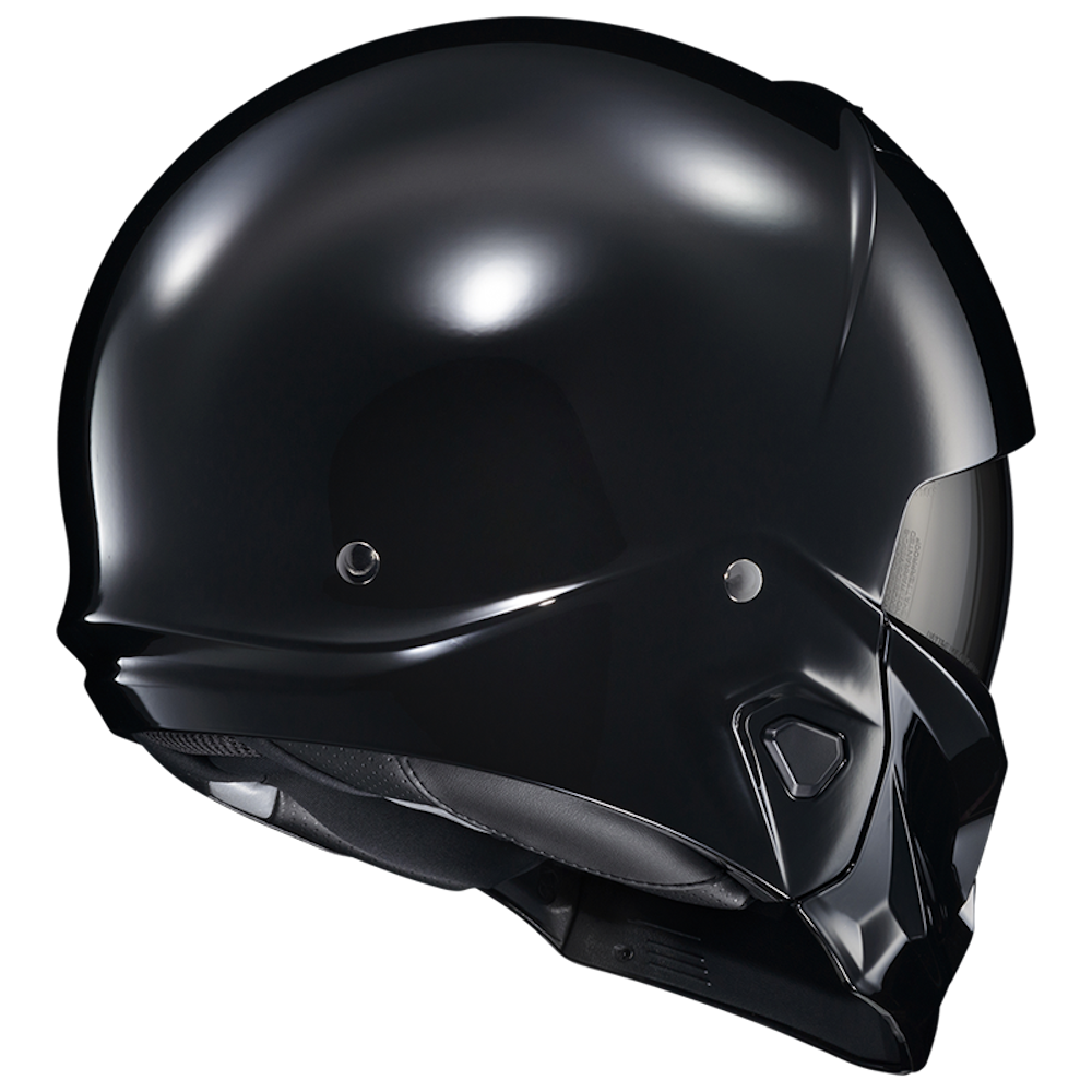 A glossy black full-face motorcycle helmet with a clear visor, shown in a side profile view against a solid white background.
