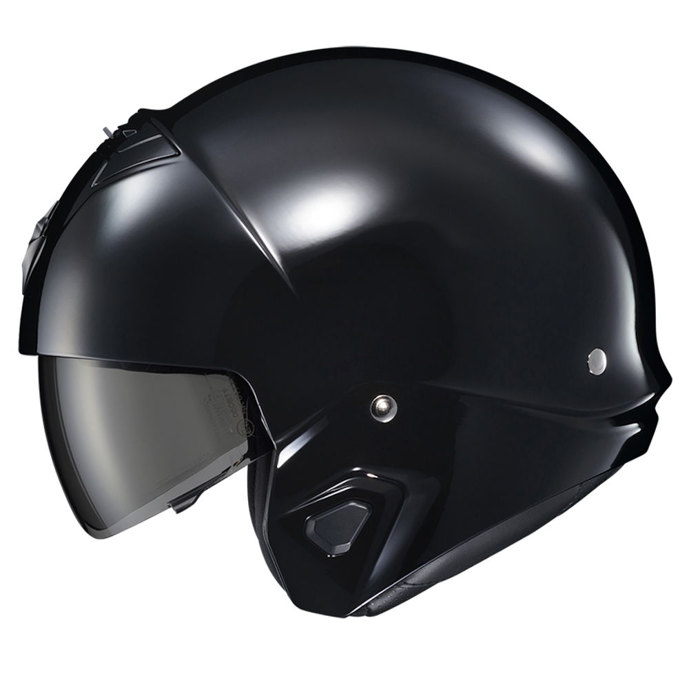 A glossy black open-face motorcycle helmet with a dark tinted visor, shown from a three-quarters angle against a plain white background.