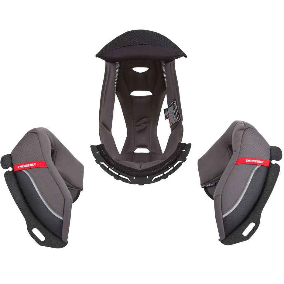 Gray protective gear set with red labels on a white background