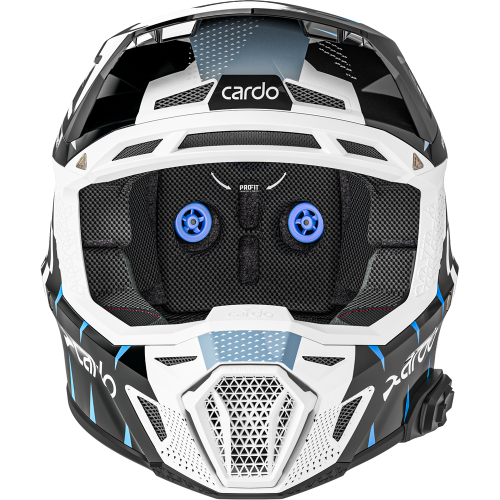 Front view of a Cardo motocross helmet in white, black, and blue, showing the interior padding and ventilation grills.