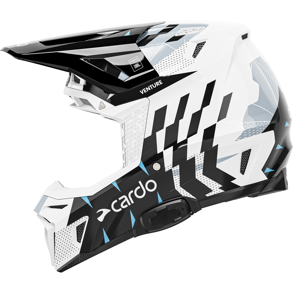 A white and black full-face motocross helmet with geometric graphic patterns and light blue accents, featuring the 'cardo' brand name on the chin bar.