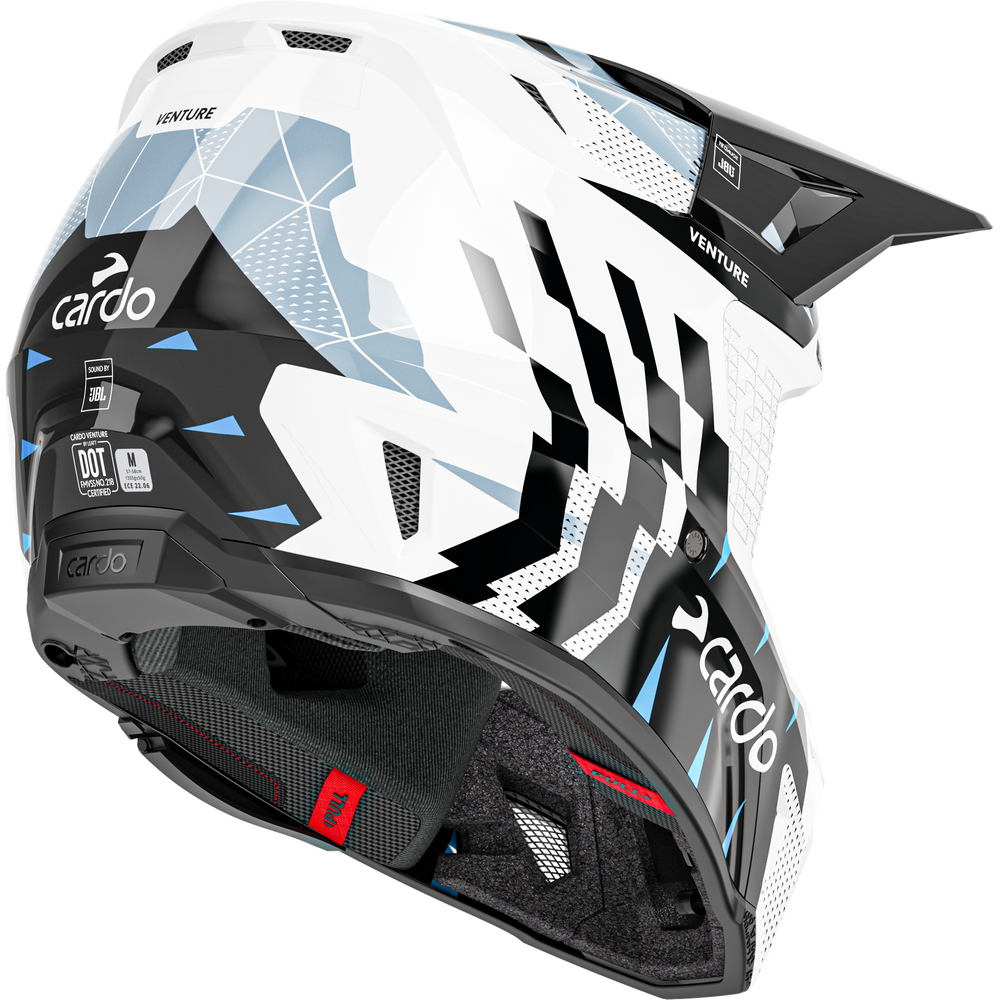 A white, black, and light blue geometric motocross helmet by Cardo, shown from a three-quarters angle against a solid white background.