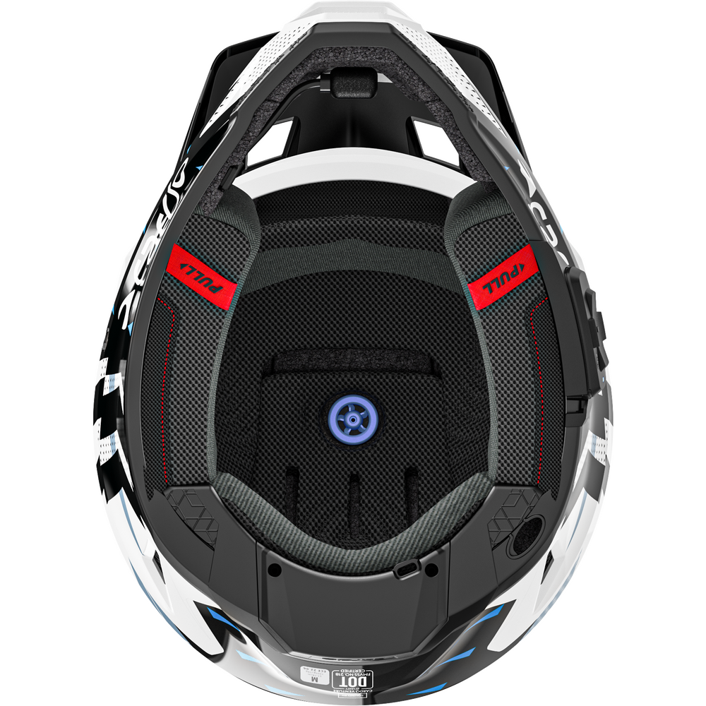 Top-down view of a off-road motorcycle helmet interior showing the black and white shell, red Y-POWER branding, and blue dial adjustment system.