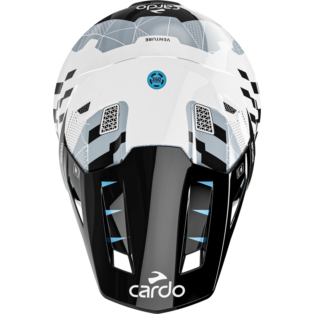 Front view of a Cardo Venture full-face motocross helmet in white, black, and gray with light blue accents, featuring a clear visor.
