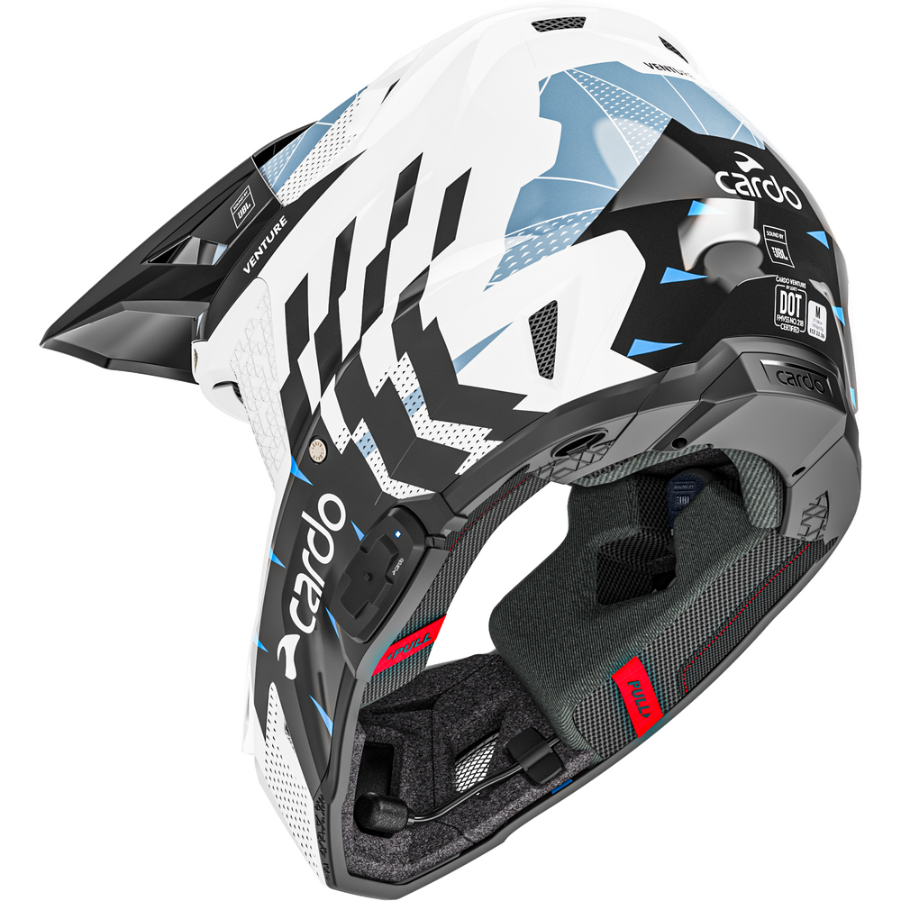 A white, black, and light blue motocross helmet with a black visor, featuring the 'cardo' brand name in white on the side and chin guard, shown against a solid white background.