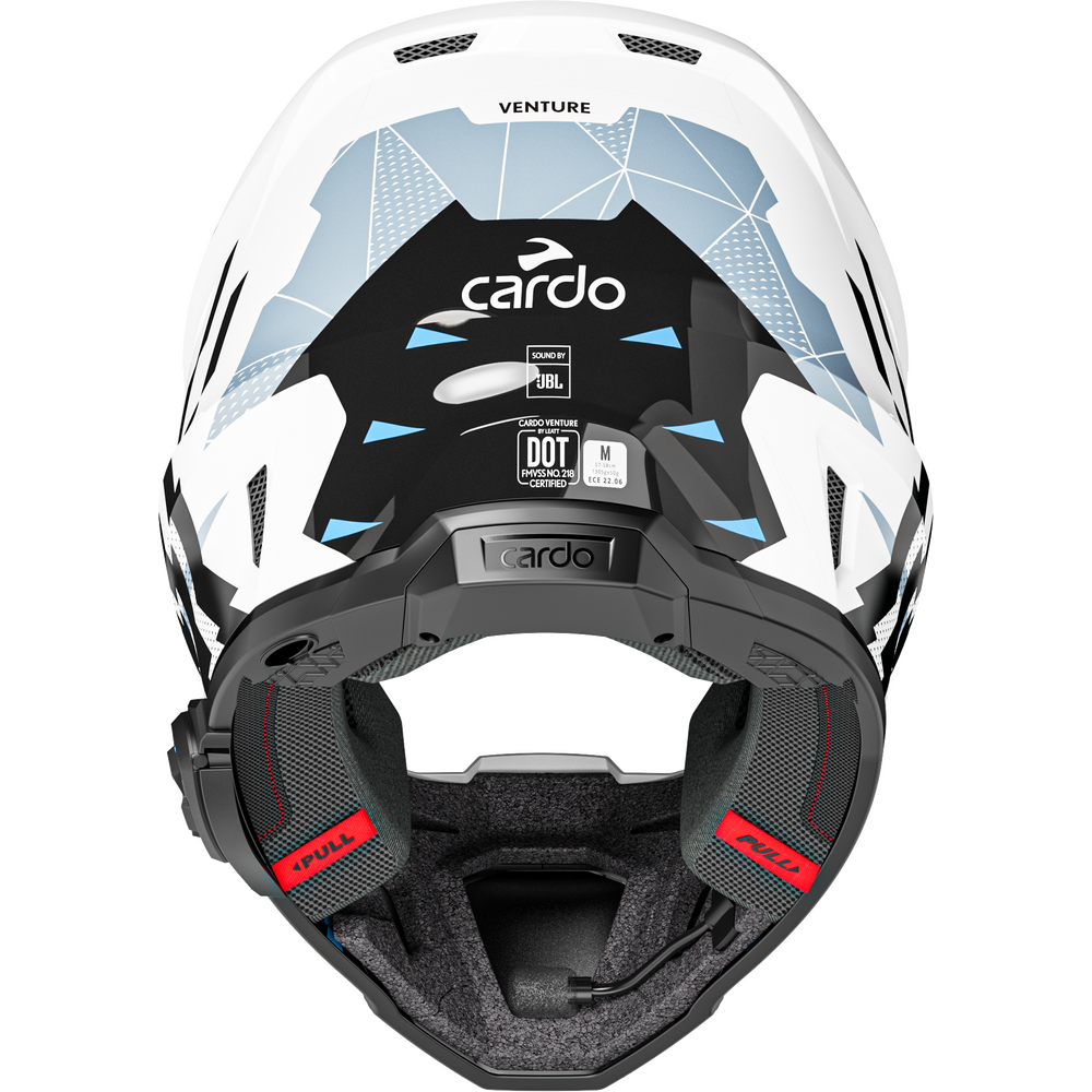A white full-face mountain bike helmet with light blue and black geometric graphics, featuring the 'cardo' brand name on the forehead and chin bar, and red interior padding.