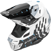 An off-road motorcycle helmet by Cardo, featuring a white, black, and gray geometric pattern with light blue accents, shown from a three-quarters angle on a white background.