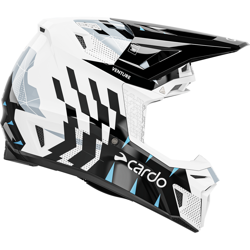 A full-face motocross helmet in white, black, and gray with light blue accents, featuring the 'cardo' brand name on the chin bar and 'VENTURE' on the visor area, shown against a plain white background.