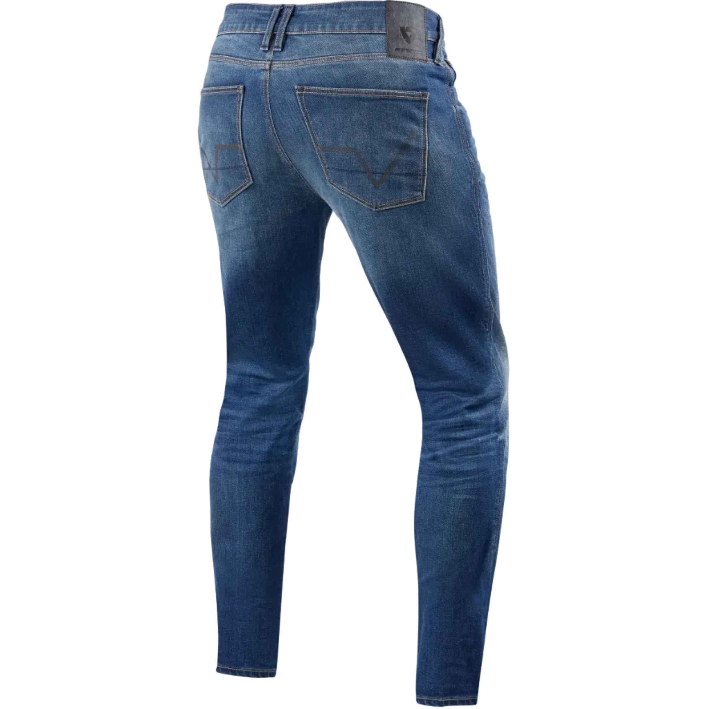 Blue slim-fit denim jeans shown from the back, featuring classic five-pocket styling and contrast stitching, displayed on a light beige background.