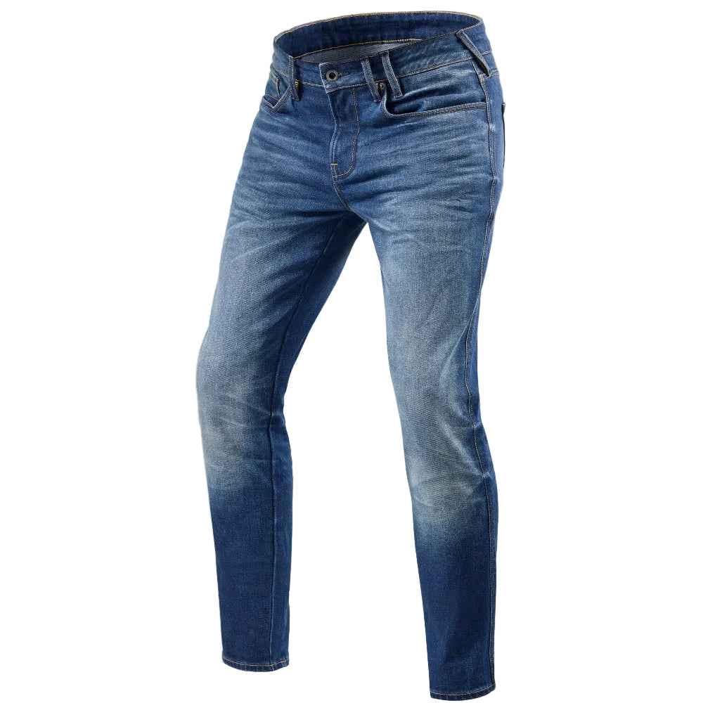 A pair of men's slim-fit blue jeans with a faded wash and a distinct dark blue gradient fade at the hem, shown on a light beige background.