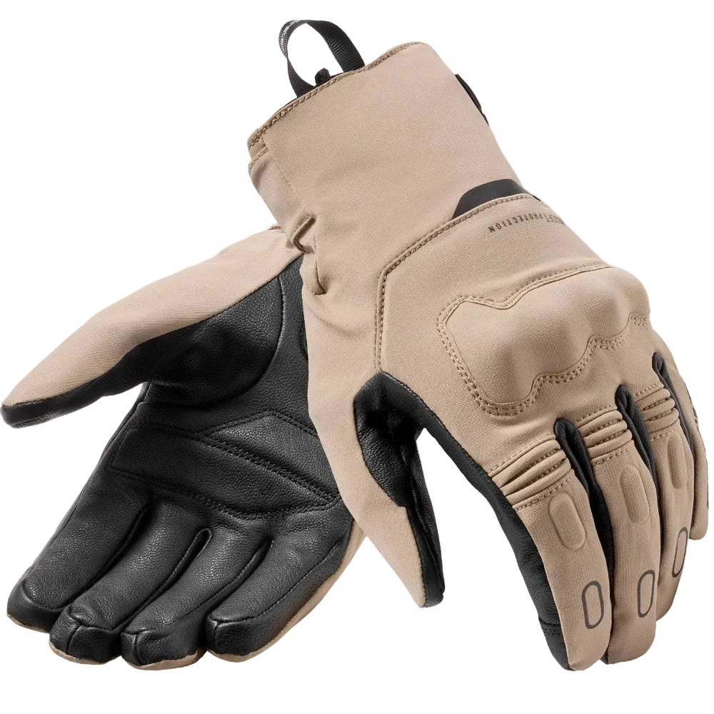 A pair of tan and black insulated work gloves shown against a plain off-white background, with one glove displaying the back of the hand and the other showing the palm side.