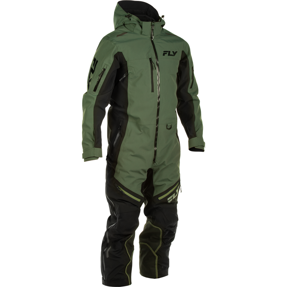 A full-body outdoor snowsuit in olive green and black, featuring the brand name 'FLY' on the chest and upper arm, shown against a plain white background.