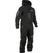 A black hooded snowmobile or off-road snow suit with silver-gray logo accents and zippers, shown on a plain white background.