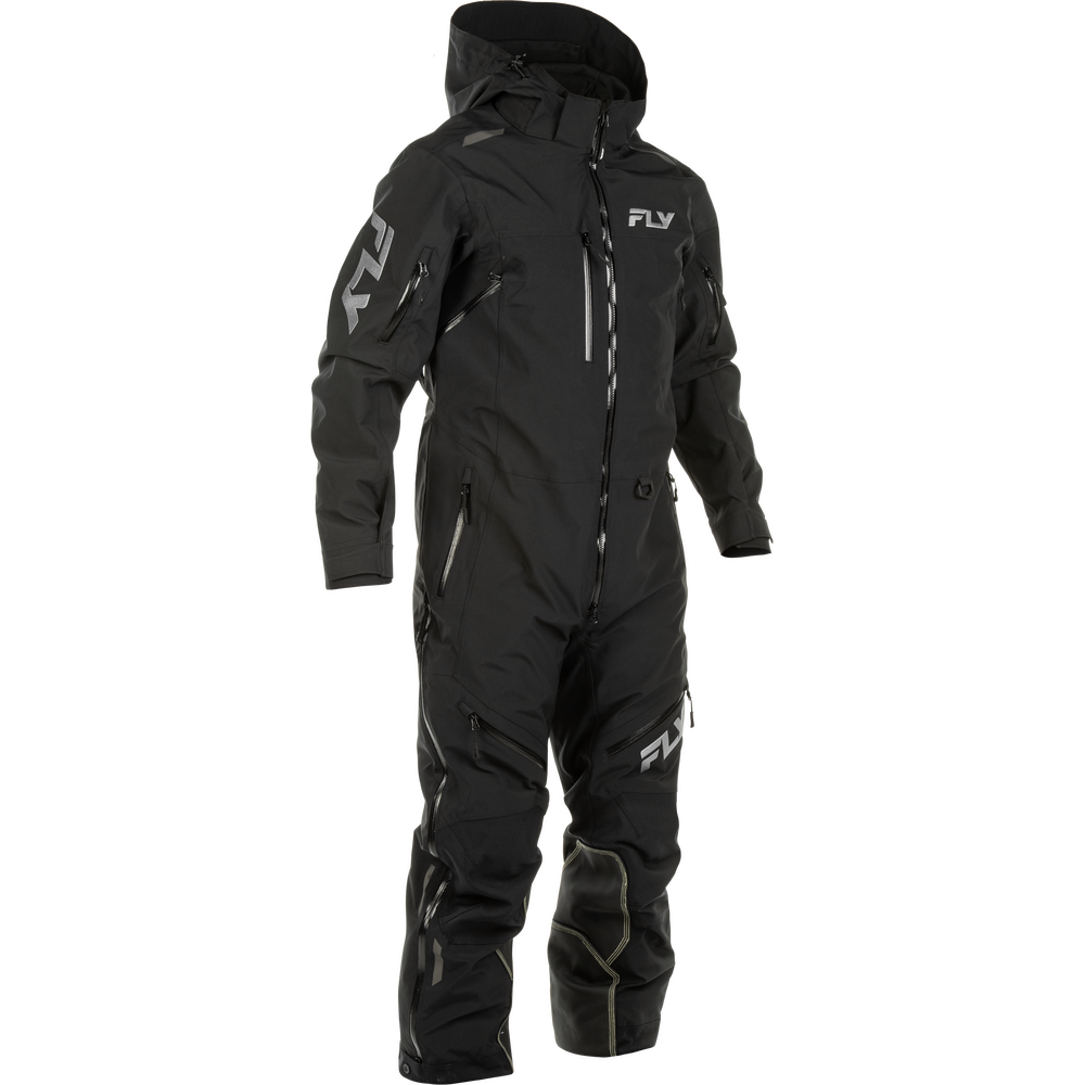 A black hooded snowmobile or off-road snow suit with silver-gray logo accents and zippers, shown on a plain white background.
