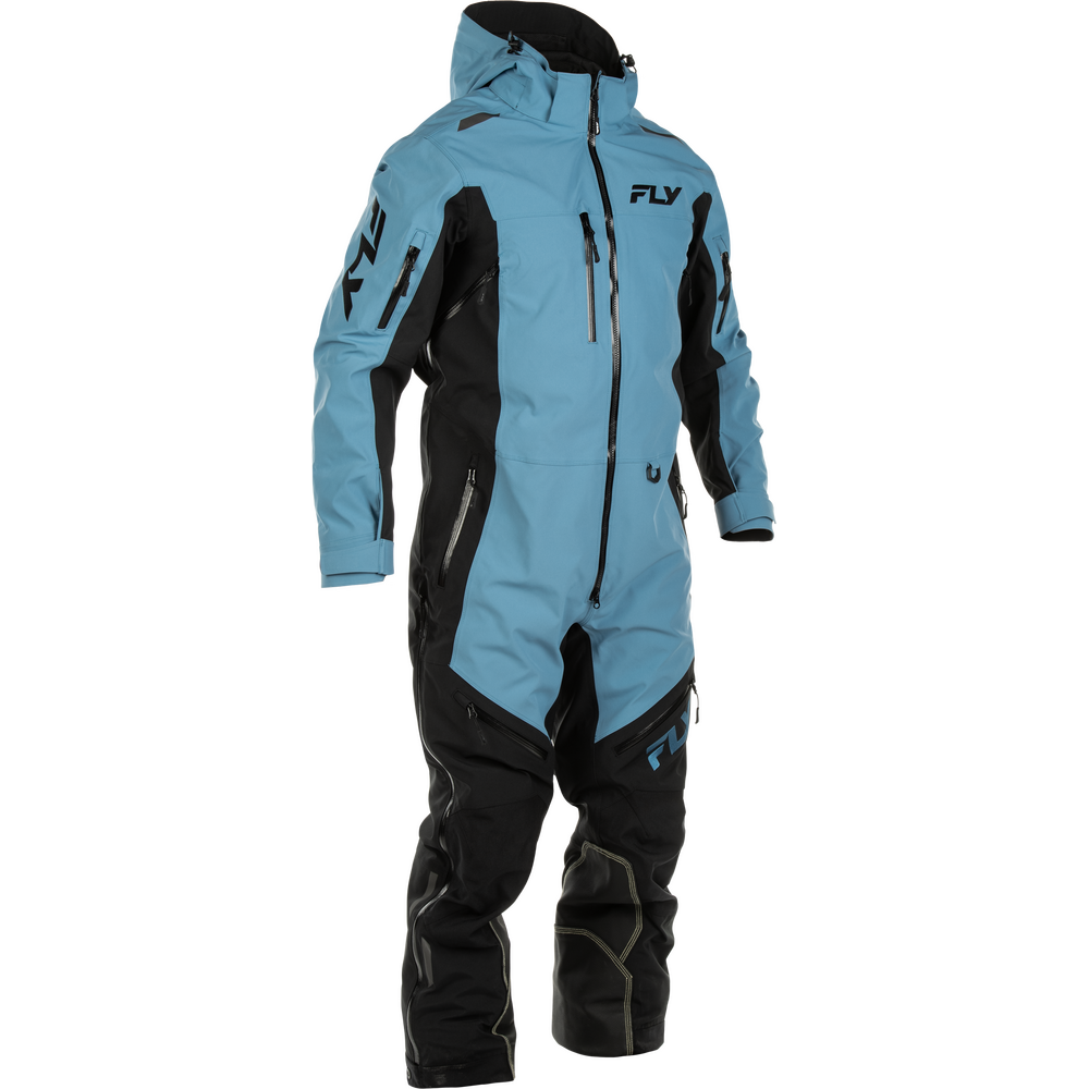 A light blue and black Fly outdoor technical suit shown on a ghost mannequin against a plain white background.