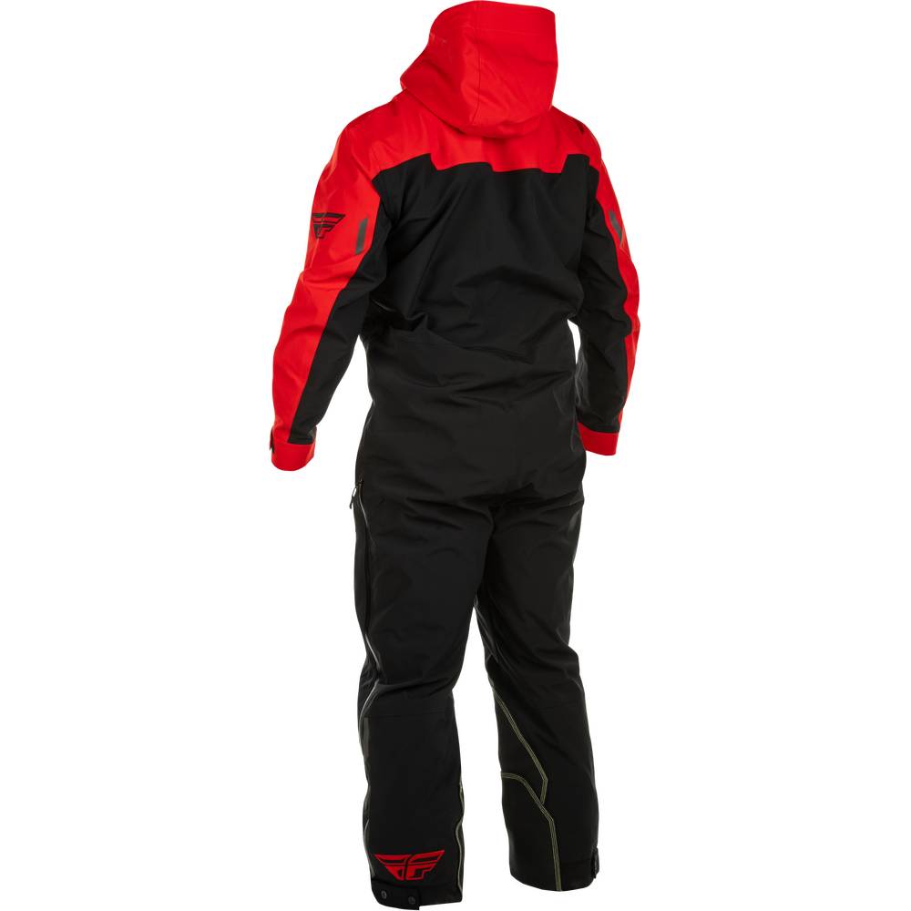 A red and black hooded snowsuit shown from the back on a white background.