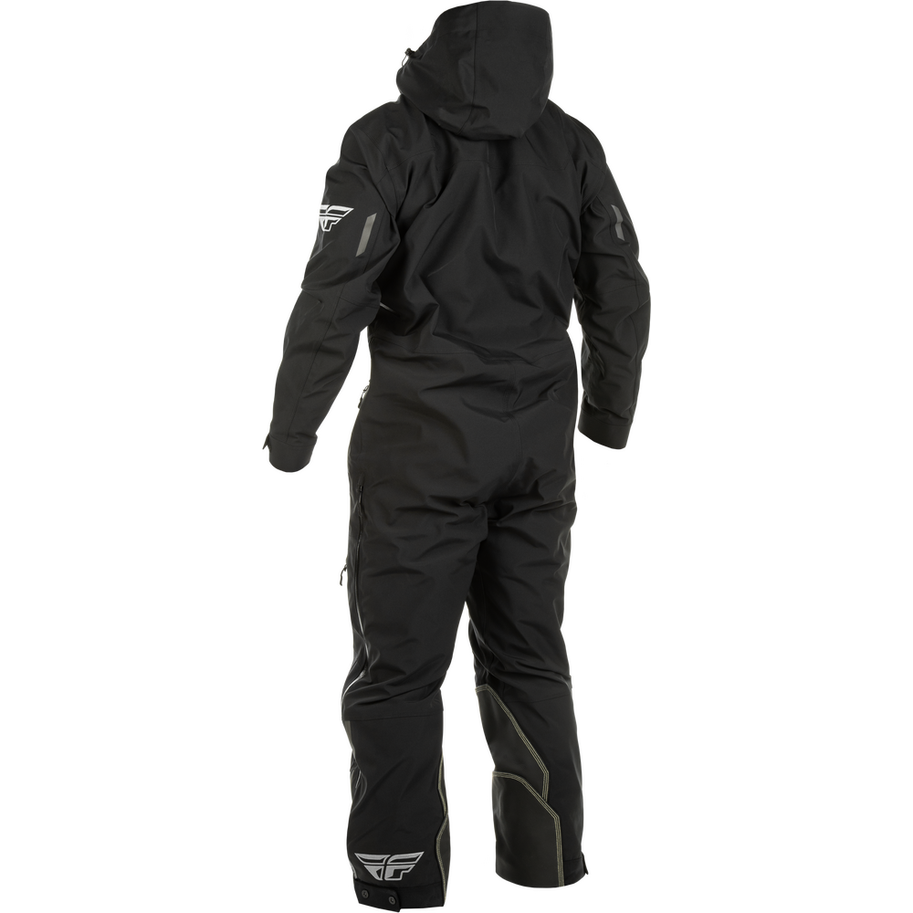 Black full-body snowsuit shown from the back, featuring a hood, zippered construction, and small white logo patches on the upper arm and lower leg, photographed on a plain white background.