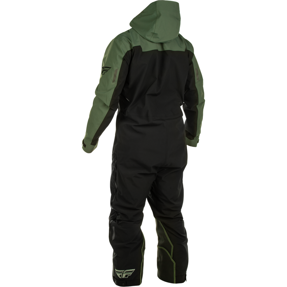 A black and olive green hooded snowsuit shown from the back, featuring a high collar, hood, and integrated boots, photographed against a solid white background.