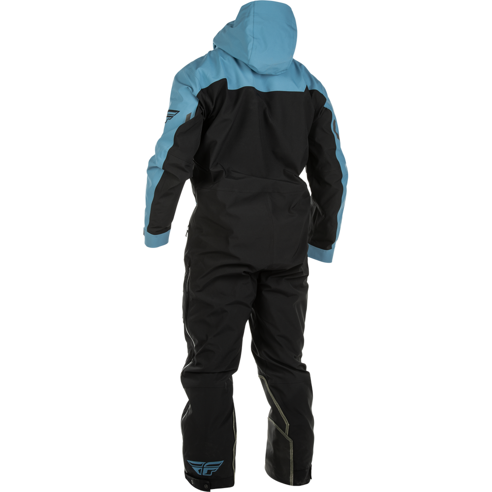 A black and light blue hooded snowsuit shown from the back, featuring a high collar, light blue shoulder and upper back panels, and a small logo near the lower leg.