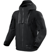A black hooded technical jacket with a full front zipper, zippered chest pockets, and subtle gray reflective-looking vertical details on the upper chest, shown on a plain light beige studio background.