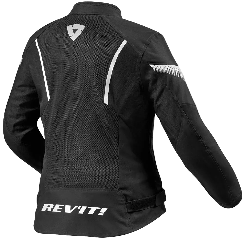Black jacket with white text on a light gray background
