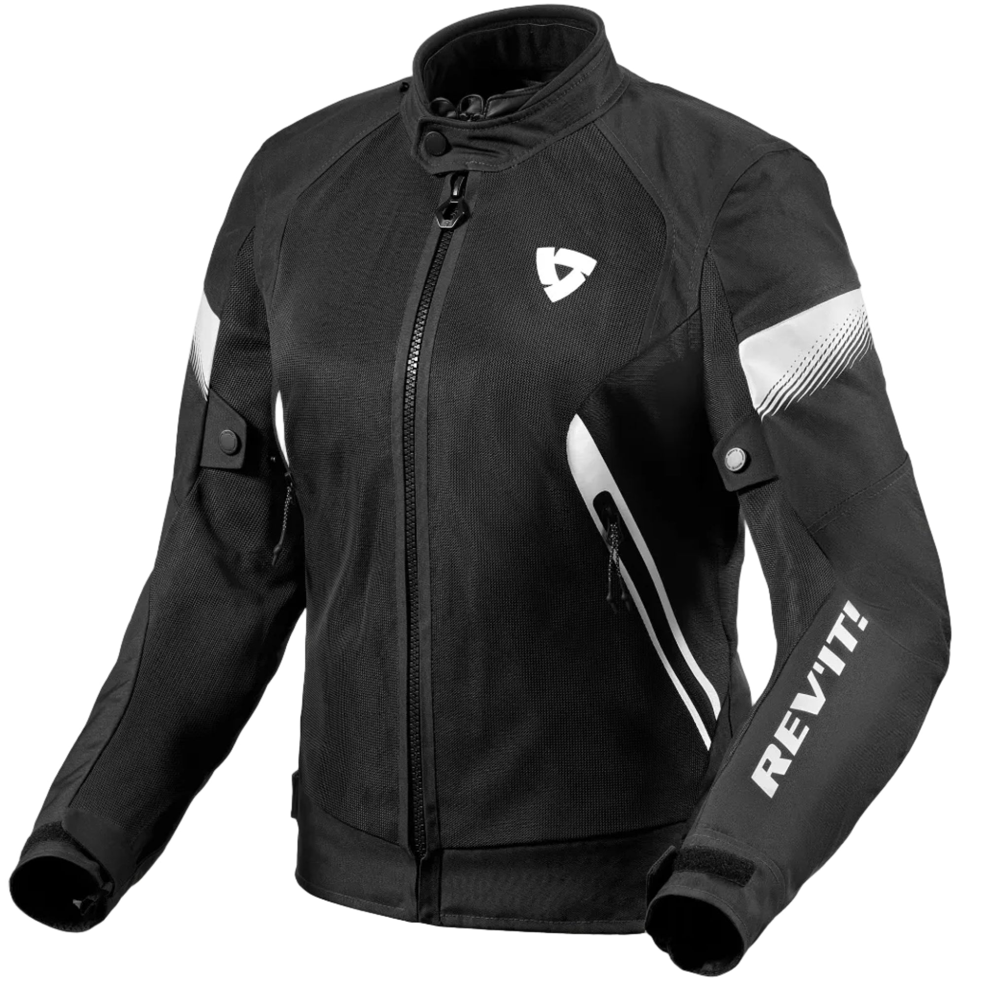 Black motorcycle jacket with white accents and Revit logo on a light gray background