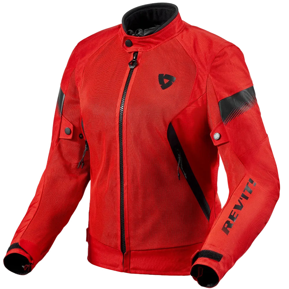 Red motorcycle jacket with black accents on a light gray background