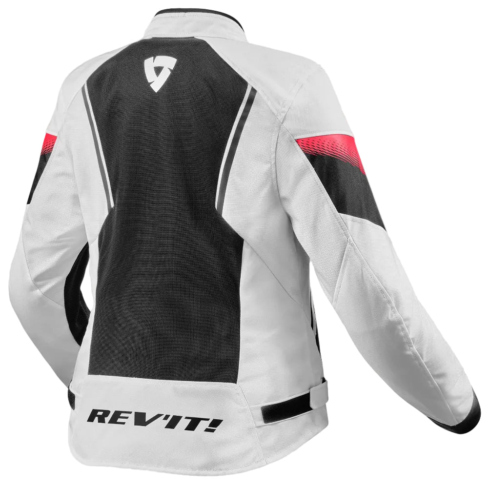 White motorcycle jacket with black and red accents on a white background, featuring the Rev'it! brand.