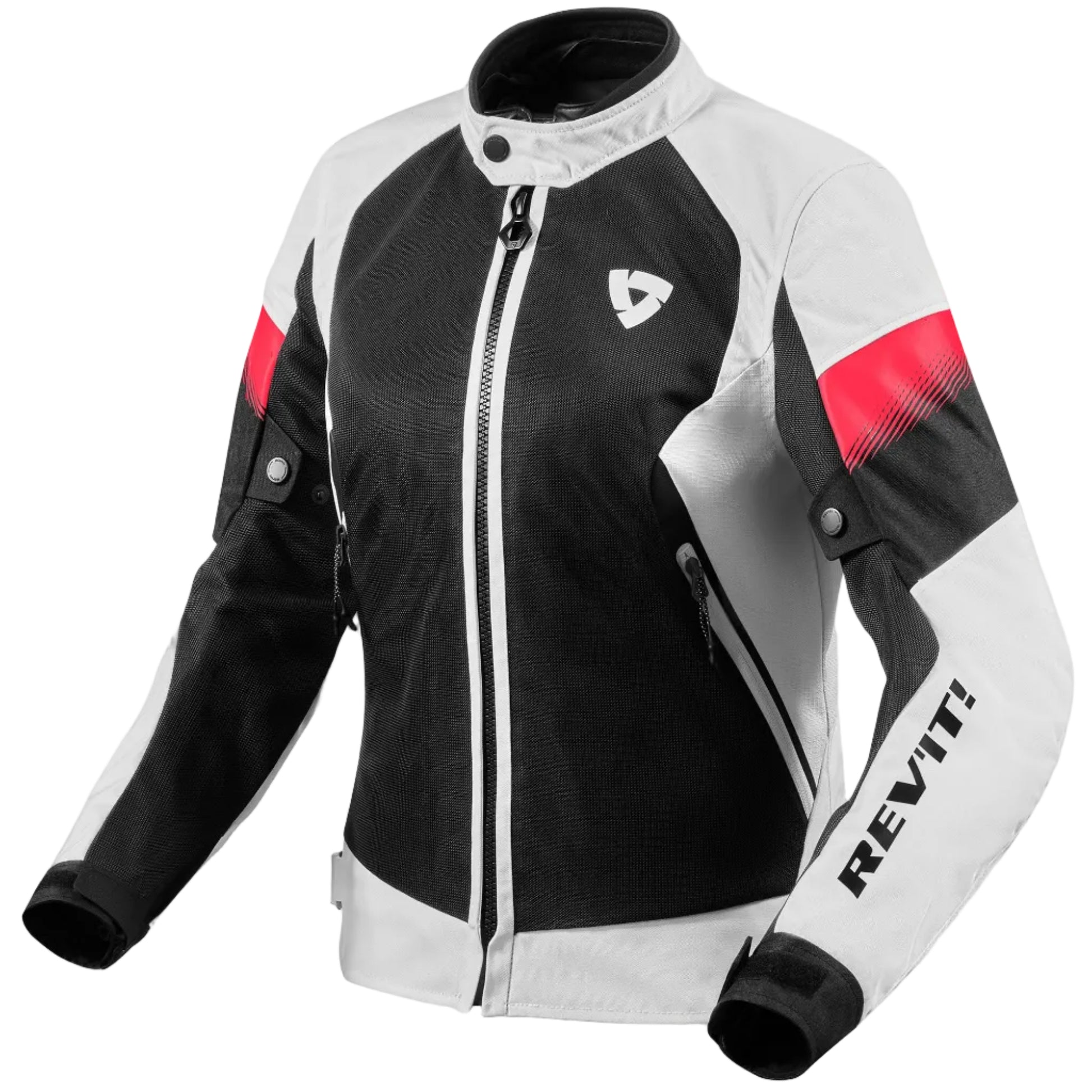 Black and white motorcycle jacket with red accents on a light gray background