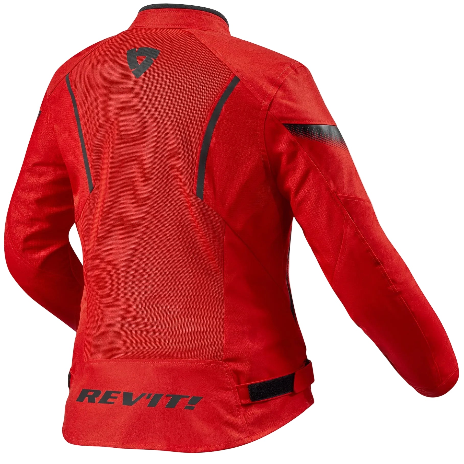 Red jacket with black accents on a white background