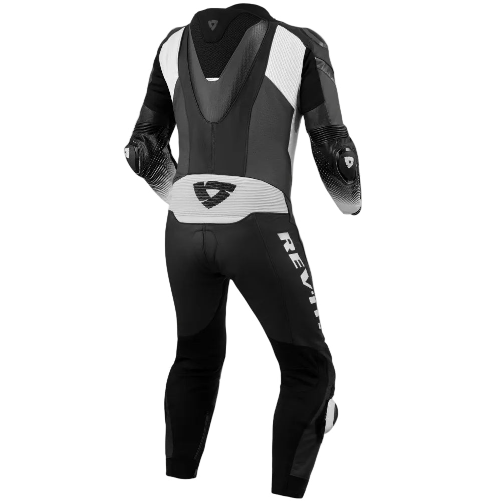 Black and gray motorcycle suit with brand logo on a white background