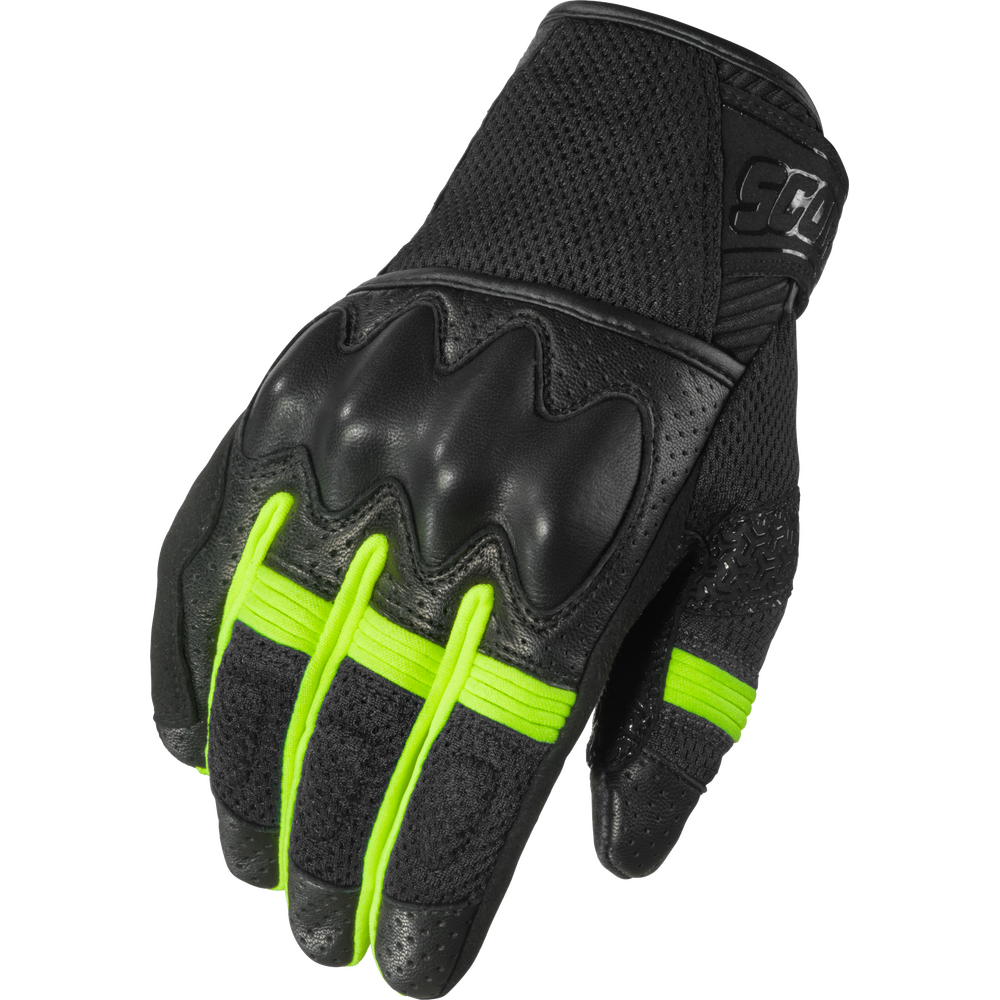 Black motorcycle glove with green accents on a white background