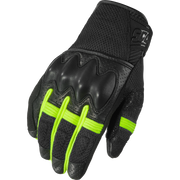 Black motorcycle glove with green accents on a white background